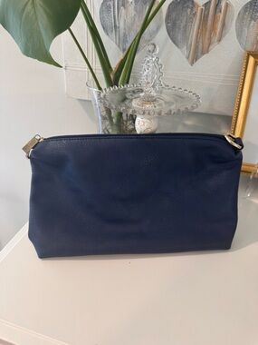 Navy Leather Cosmetic Pouch with Gold Accents